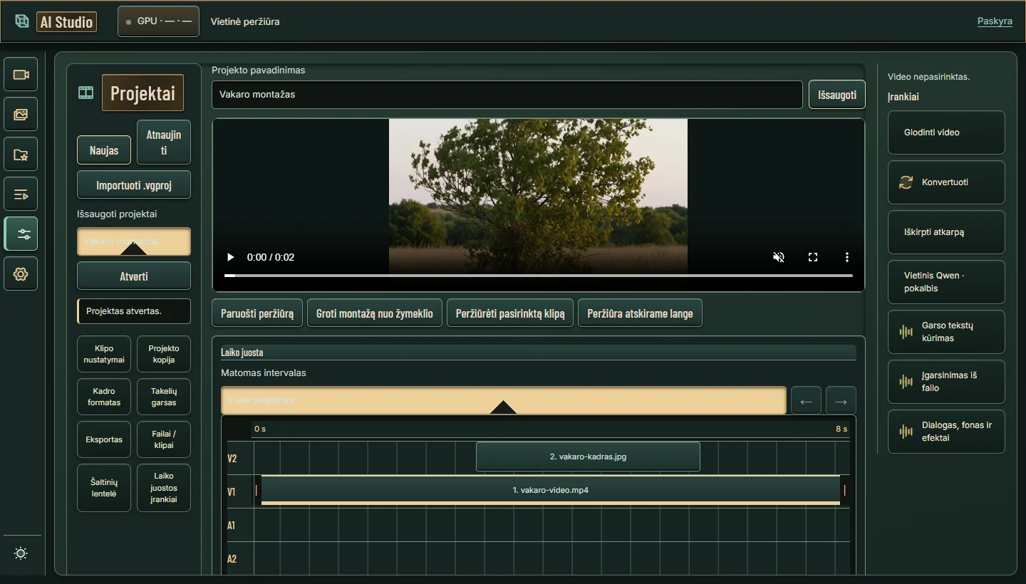 RenderPipe Media Hub kadrų ir garso montažo laiko juosta naršyklėje