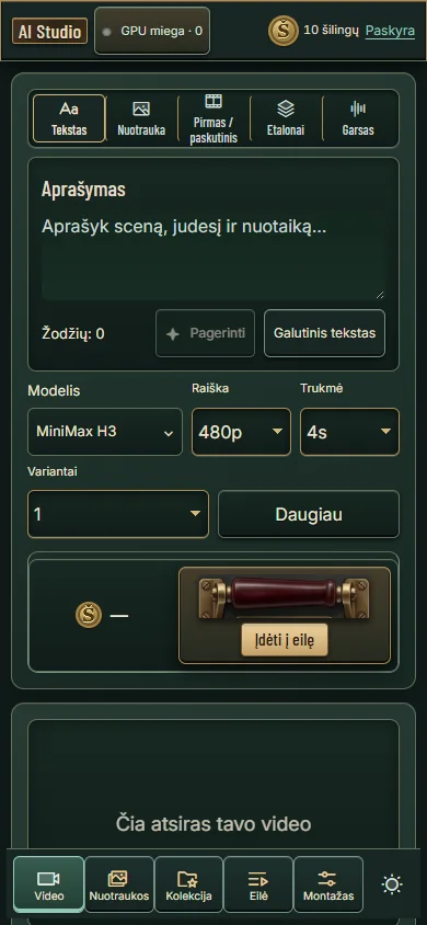 RenderPipe mobiliosios studijos sąsaja išmaniojo telefono ekrane